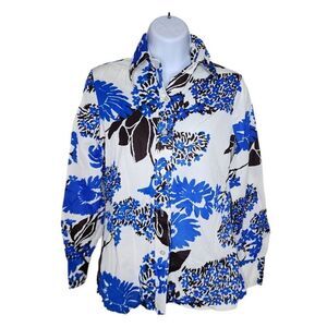 Vintage 70s Disco Shirt Blouse Womens Size M Blue White Floral Dagger Collar